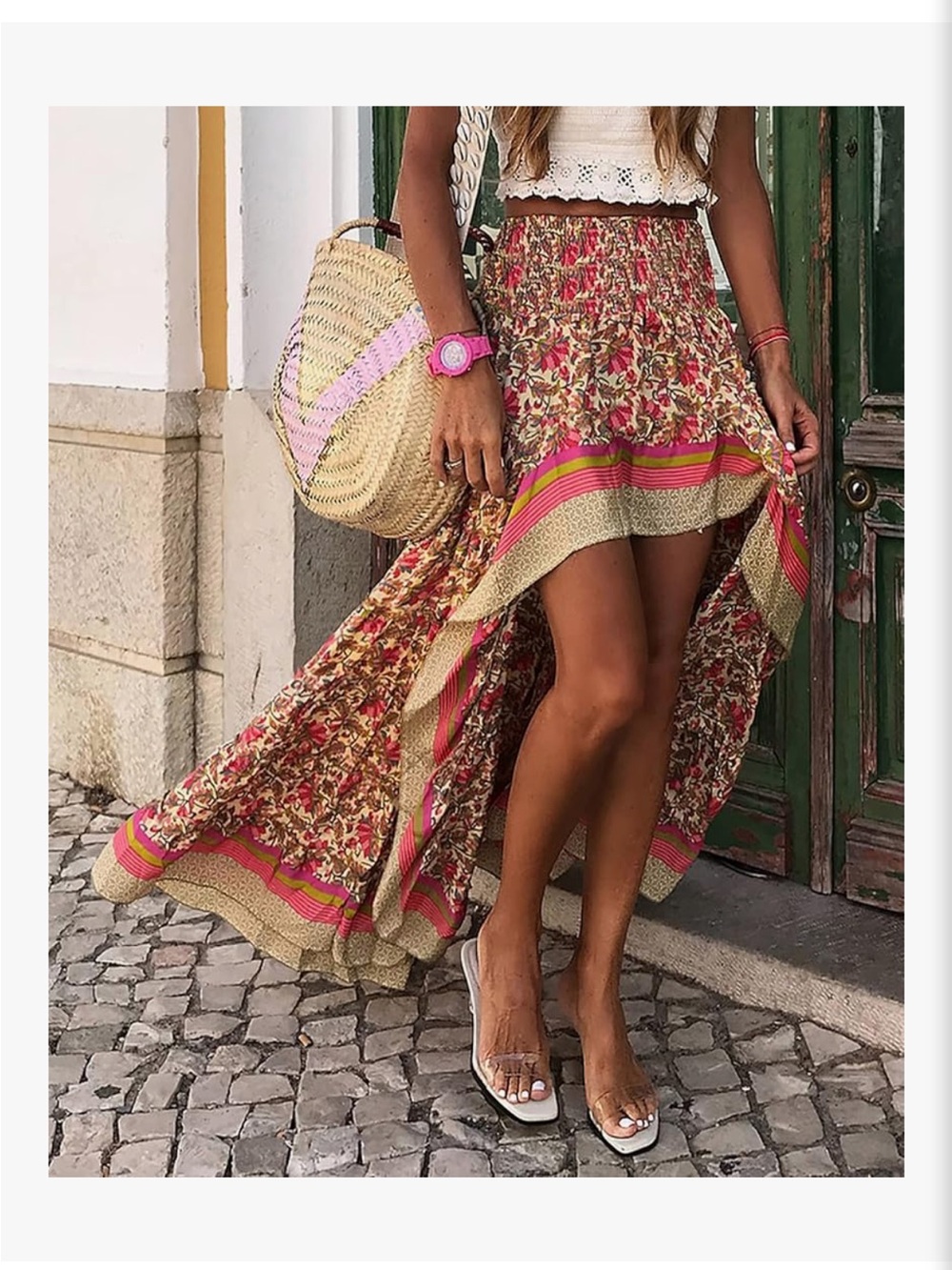Bohemian Pink Floral High-Low Maxi Skirt - Picture 2 of 5